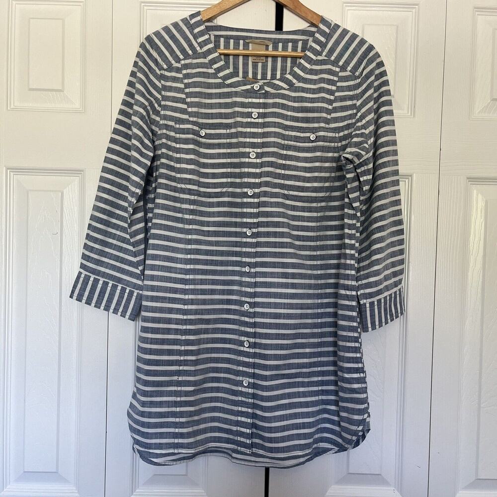 Women’s Duluth Trading Co NWT Button Tunic Top Blue Stripe Size Medium